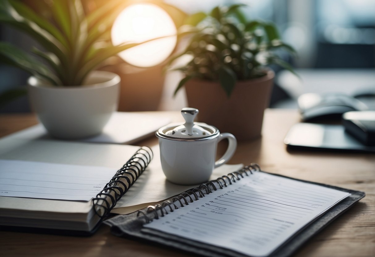 A cluttered desk with a calendar, clock, and to-do list. A person's hand reaching for a plant or a cup of tea. A yoga mat rolled up in the corner