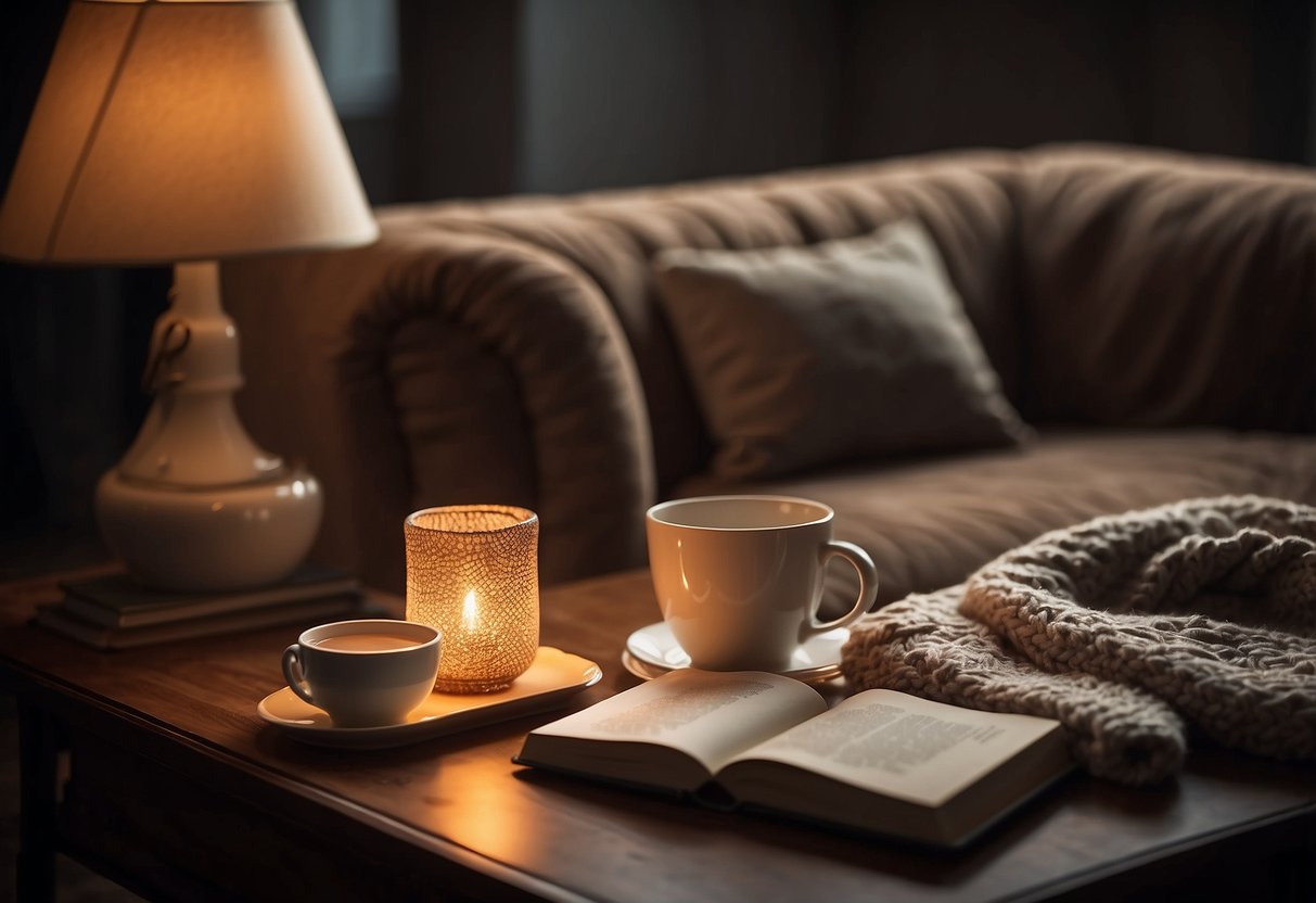 A cozy living room with a warm, glowing lamp on a side table. A journal and pen sit open on the table, surrounded by a cup of tea and a plush blanket