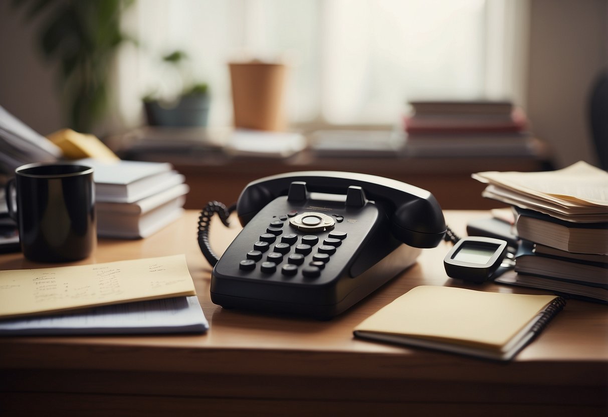 A cluttered desk with scattered papers, a ringing phone, and a neglected planner. A frazzled parent with tired eyes juggles work and family responsibilities