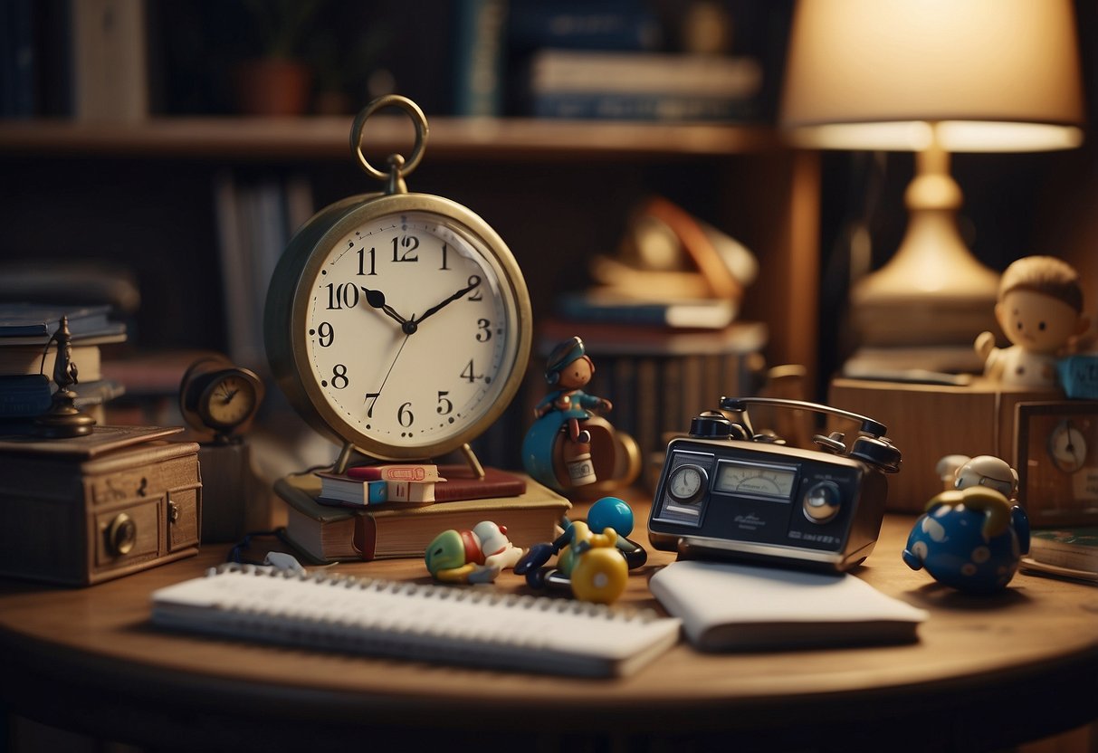 A cluttered desk with scattered toys, unfinished work, and a neglected planner. A clock on the wall shows the time as late at night, while a tired parent continues to toil away