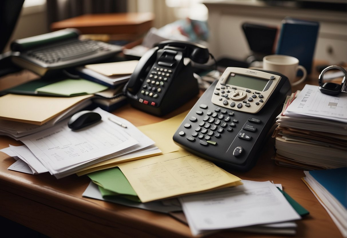 A cluttered desk with overflowing paperwork, a ringing phone, and a calendar filled with overlapping deadlines. A tired parent tries to juggle it all, neglecting their own well-being