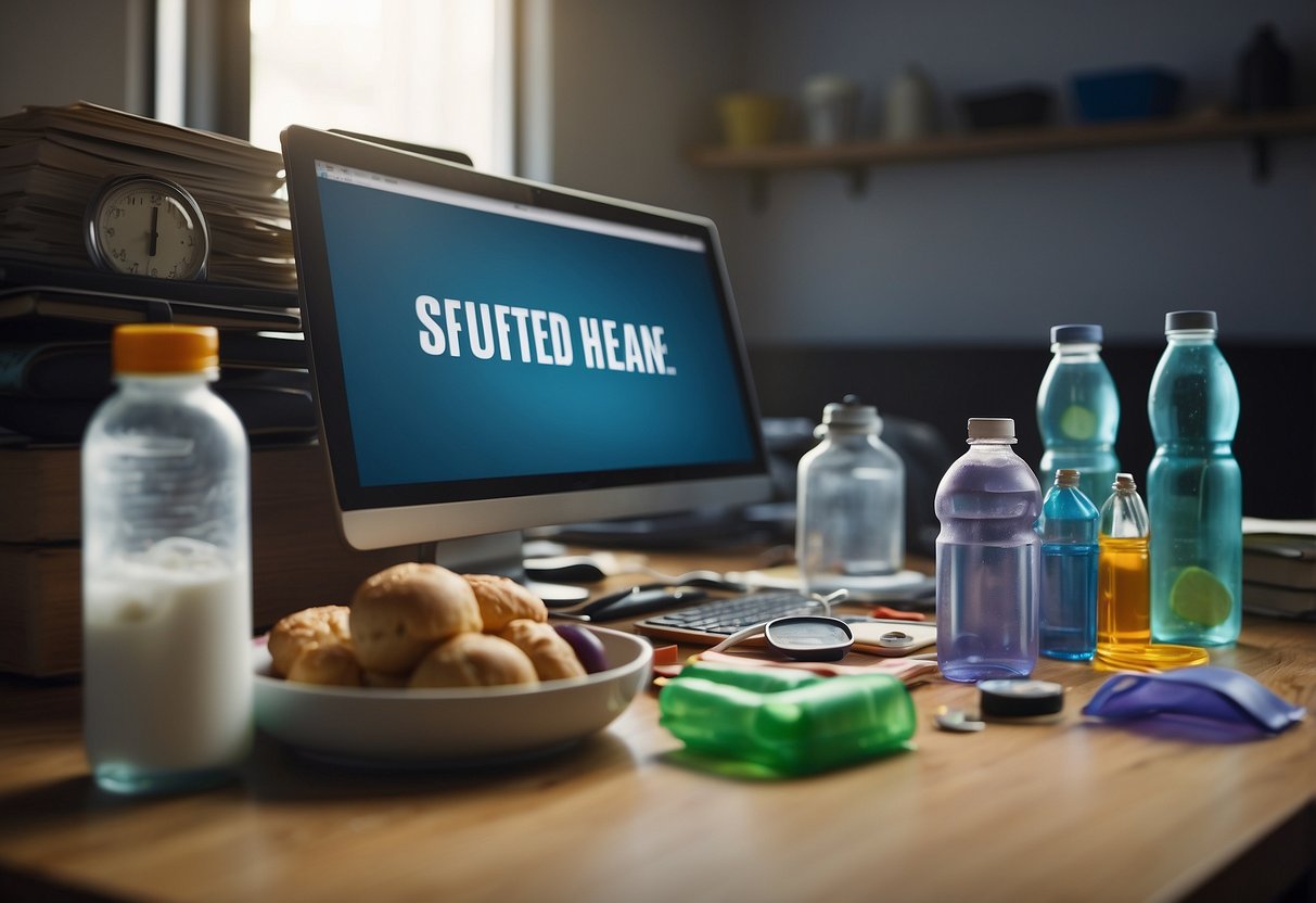 A cluttered desk with empty water bottles and food wrappers. A clock shows lunchtime missed. A tired parent works on, neglecting self-care