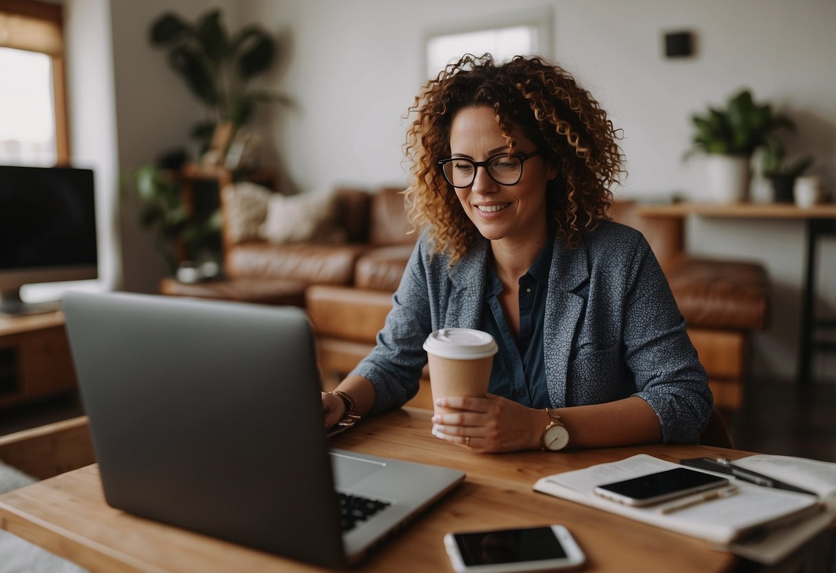 A working parent multitasking with a laptop, phone, and coffee while neglecting their own self-care needs. Clutter and chaos surround them, indicating a lack of personal time and relaxation