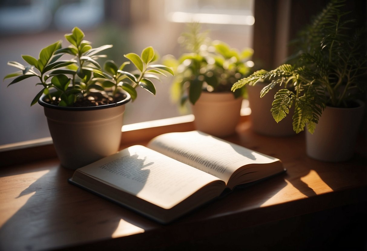 A cozy corner with a warm blanket, a steaming cup of tea, a journal, and a potted plant. Sunlight filters through the window, casting a calming glow on the scene