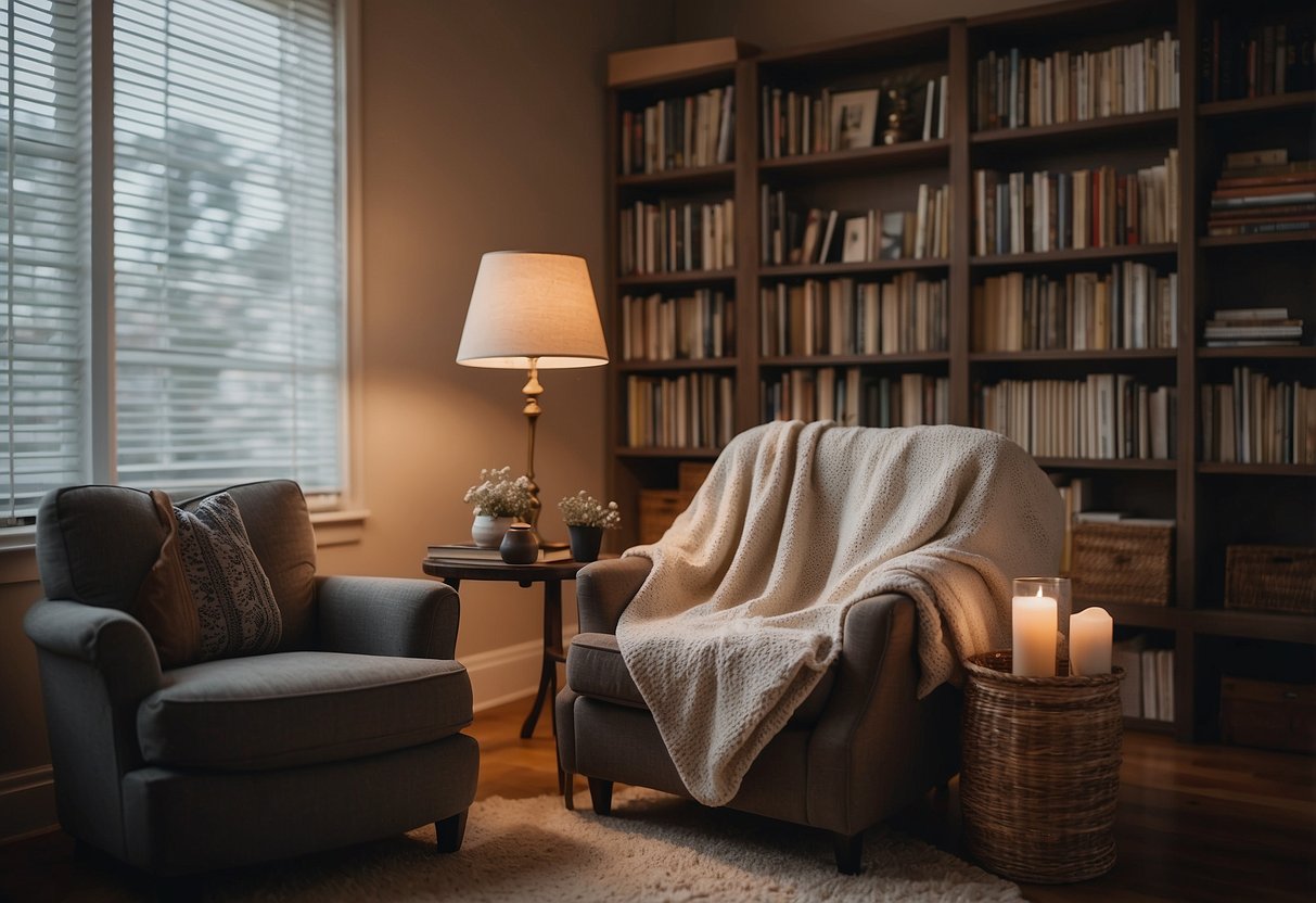 A cozy, well-lit room with a comfortable chair, soft blanket, and a cup of tea or coffee on a side table. A bookshelf filled with favorite reads and a calming playlist in the background