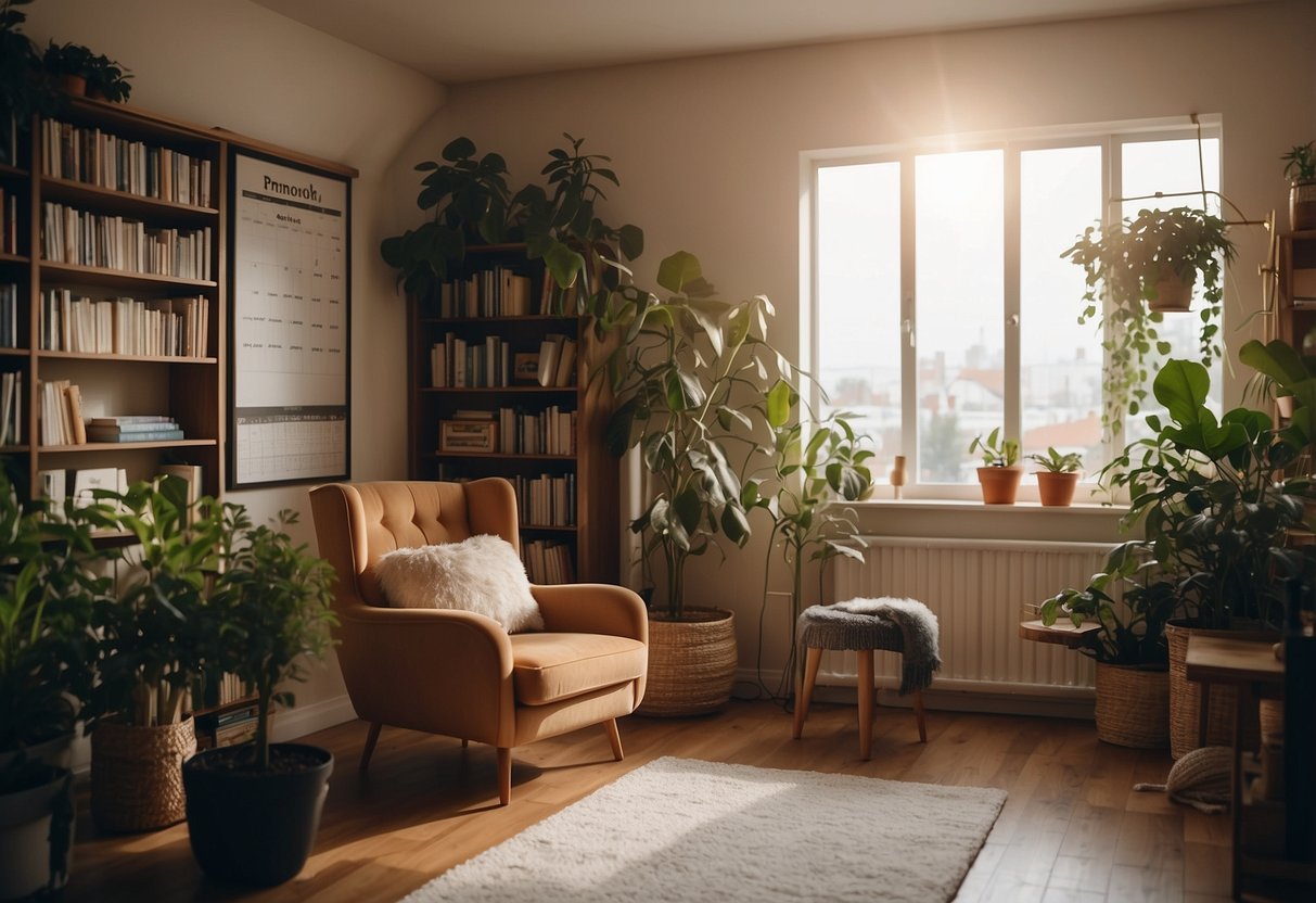 A cozy, clutter-free room with soft lighting, plants, and a comfortable chair. A bookshelf filled with self-care books and a calendar with scheduled self-care activities