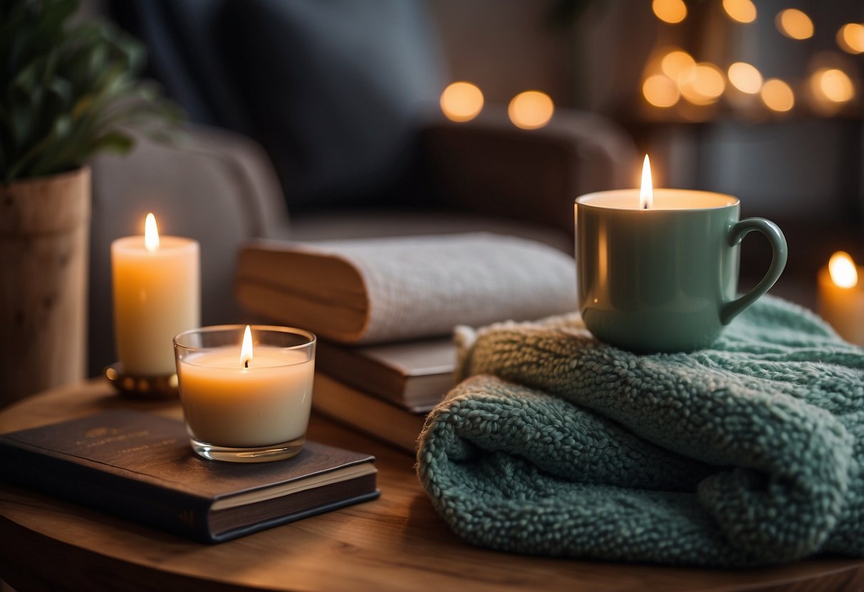 A cozy corner with a plush blanket, a cup of herbal tea, a journal, and a scented candle. A yoga mat and soothing music in the background