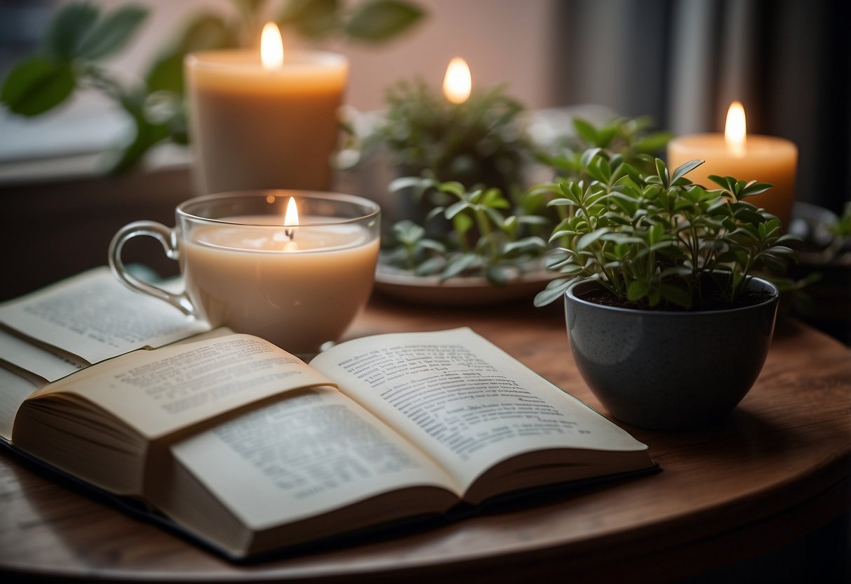 A cozy corner with a book open to an inspirational quote, surrounded by calming elements like candles, plants, and a warm cup of tea