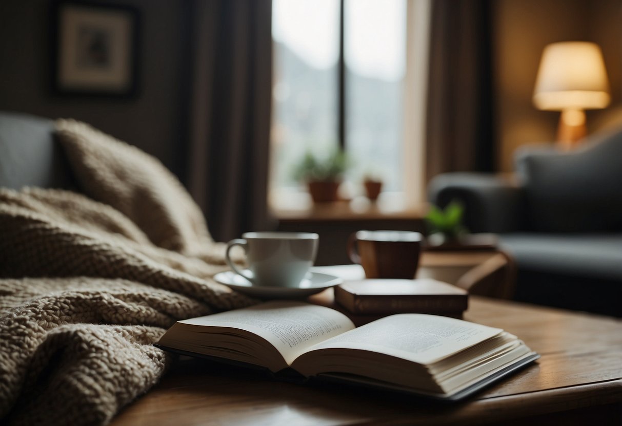 A cozy room with a warm cup of tea, a comfortable chair, and a soft blanket. A journal and pen sit nearby, along with a soothing playlist playing in the background