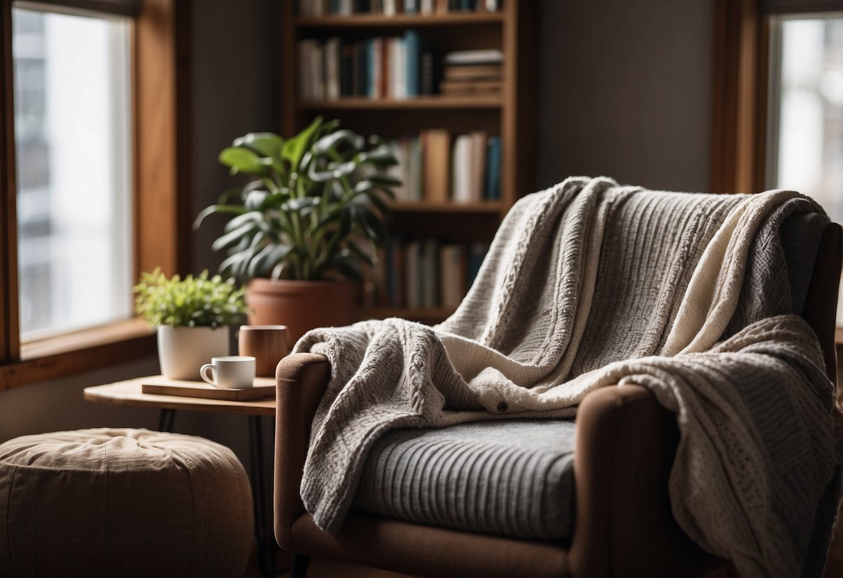 A cozy corner with a comfy chair, soft blankets, a warm mug, calming music, a journal, plants, a scented candle, a mindfulness app, a cozy throw pillow, and a bookshelf with self-care books