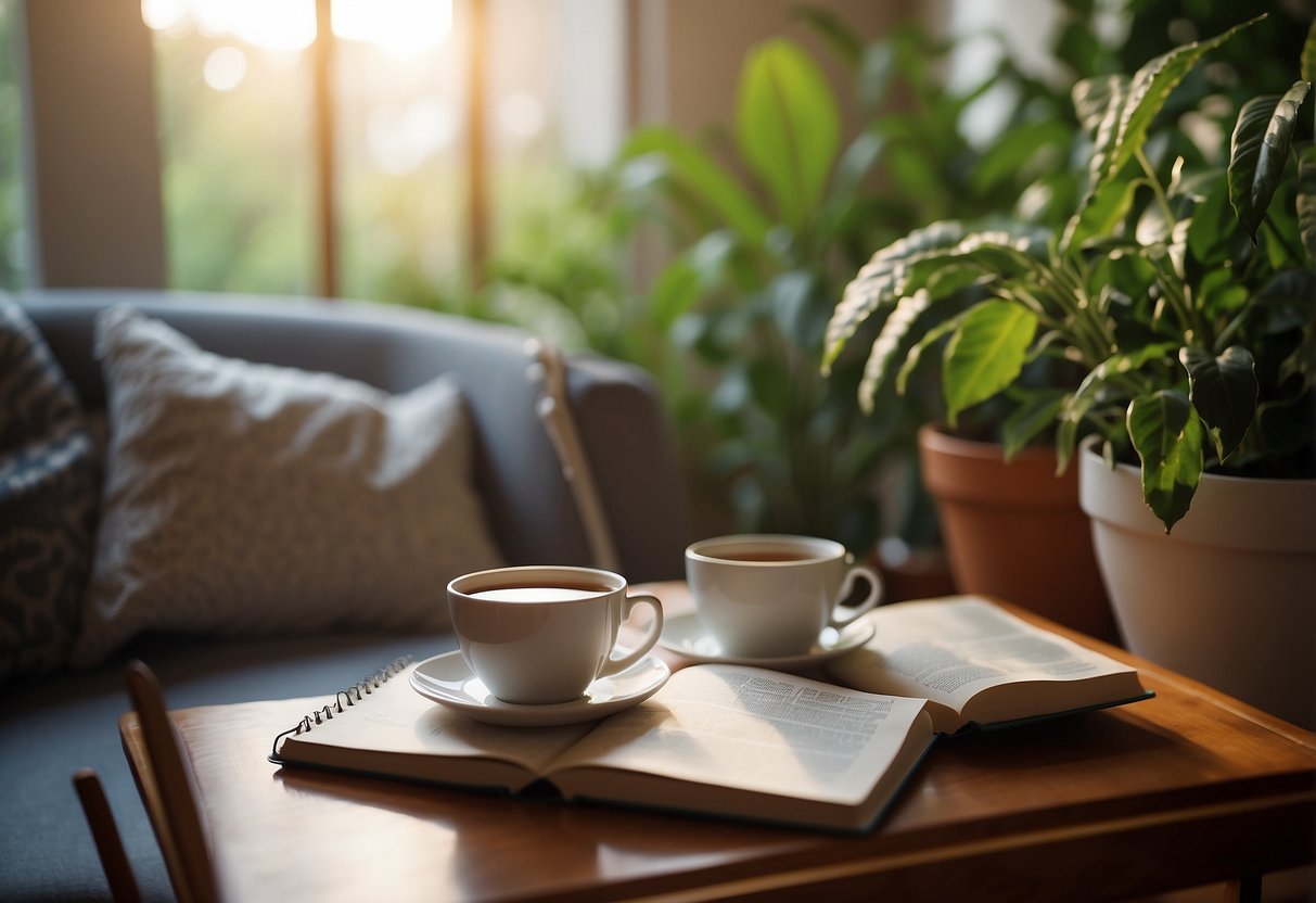 A serene setting with a cozy chair, soft lighting, plants, a journal, and a cup of tea. A calming atmosphere to promote relaxation and self-reflection