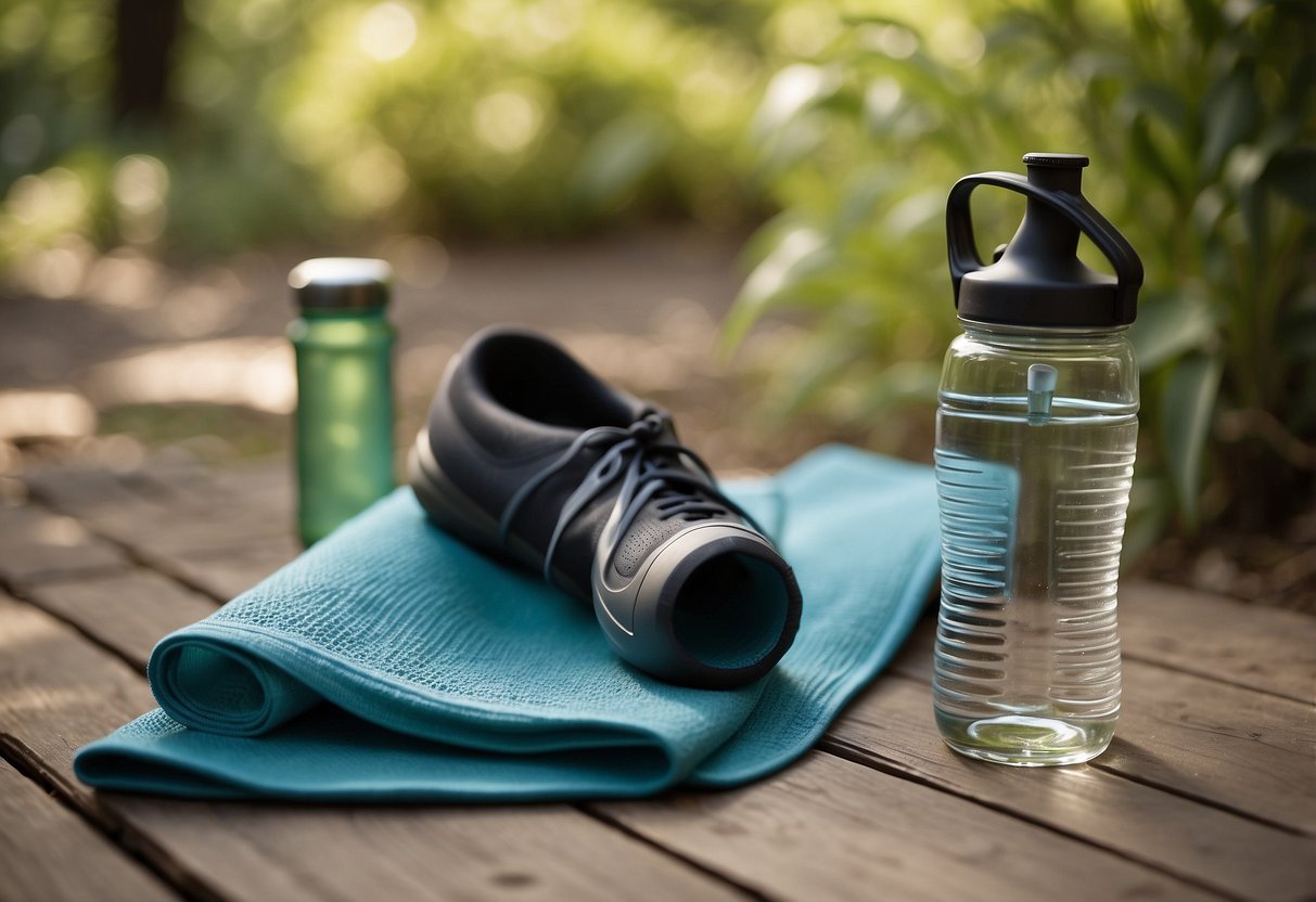 A serene, outdoor setting with a yoga mat, running shoes, and a water bottle. A peaceful atmosphere with greenery and natural light