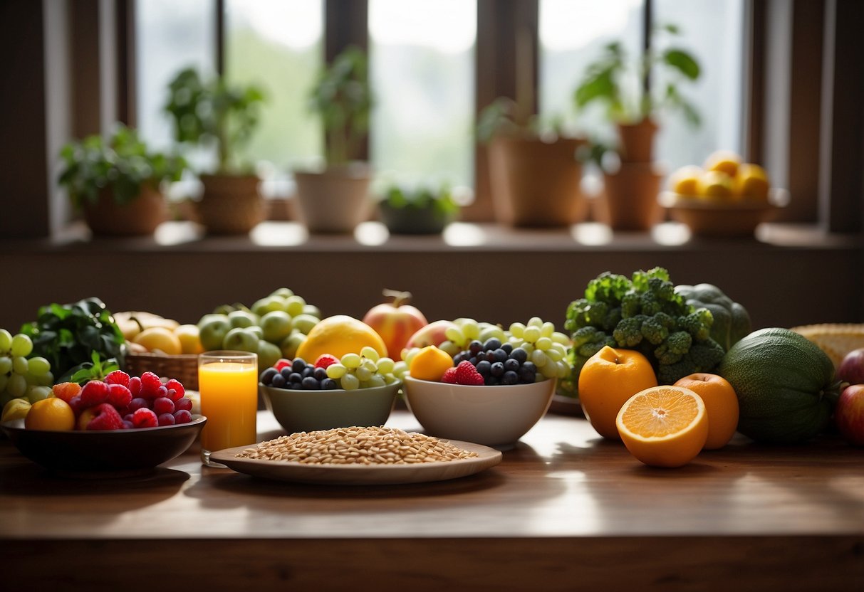 A table with a variety of colorful fruits, vegetables, and whole grains. A person practicing yoga or meditation in a peaceful environment