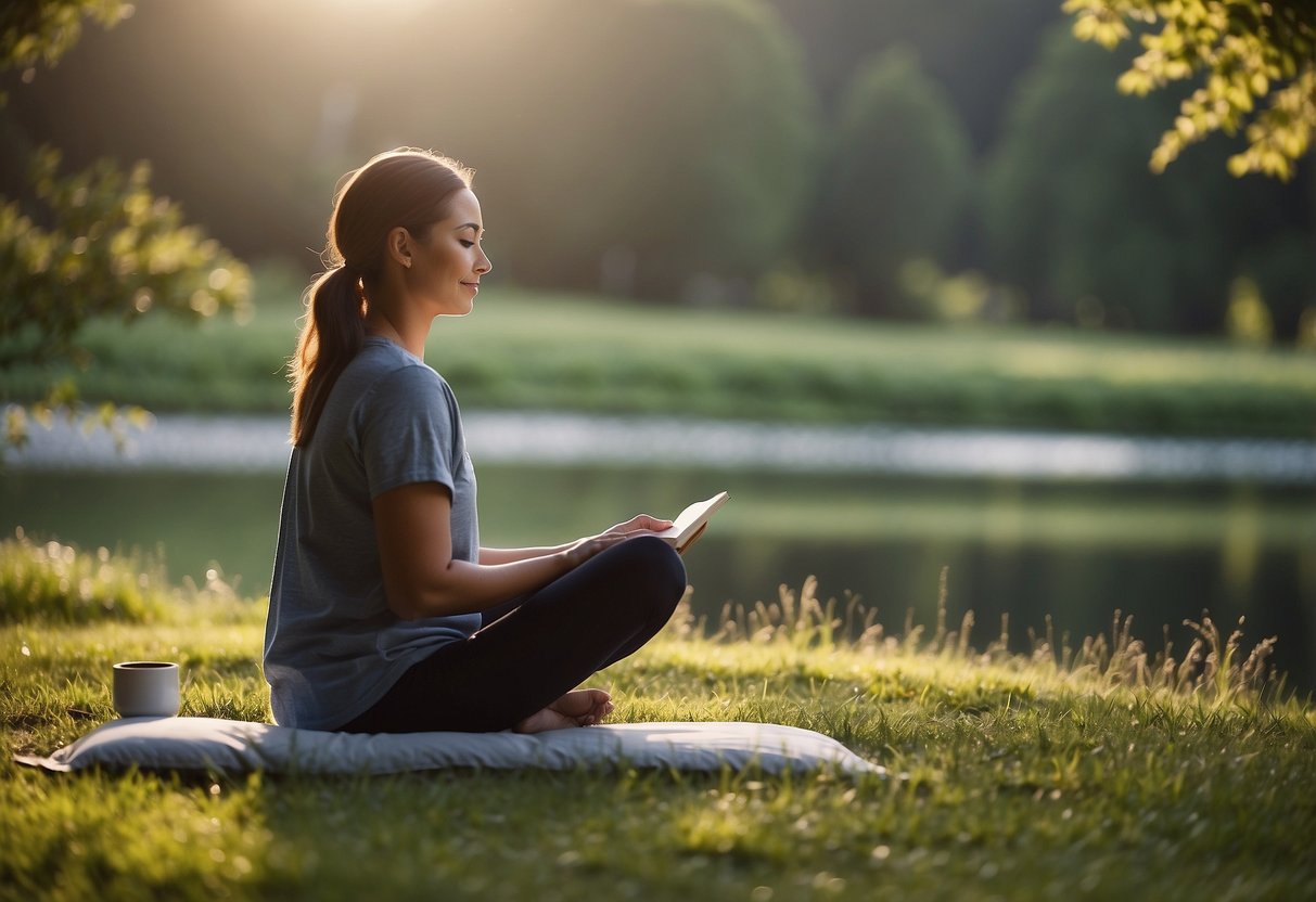 A serene setting with a person engaging in self-care activities such as meditation, exercise, reading, and relaxation to improve work-life balance