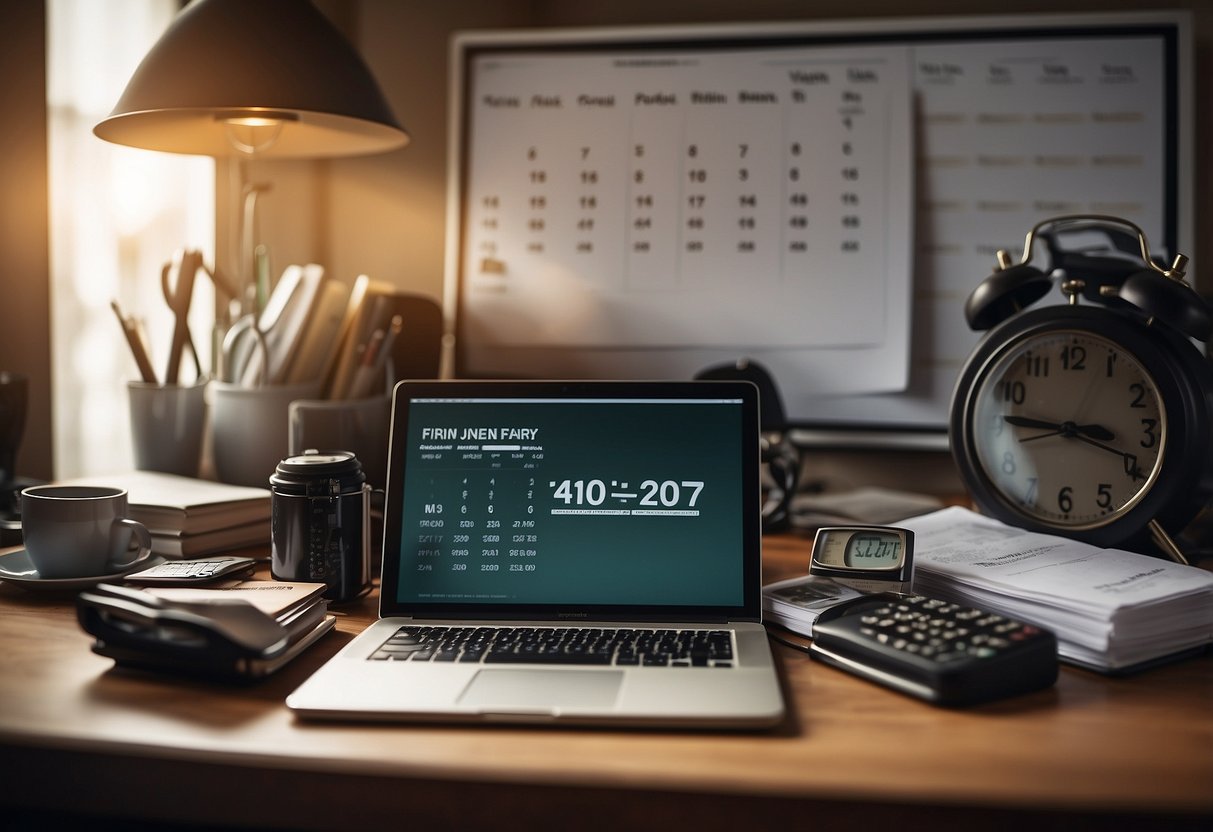 A cluttered desk with a laptop, papers, and a calendar. On one side, a clock showing late hours, on the other, a family photo