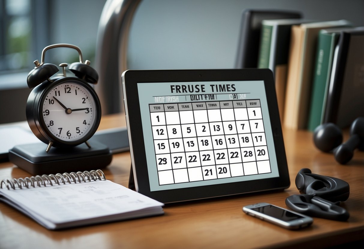 A person's desk with a calendar, clock, and exercise equipment. The calendar shows scheduled workout times. The clock indicates a break for exercise. The person's work and exercise equipment are neatly organized, showing a balanced approach to work and fitness