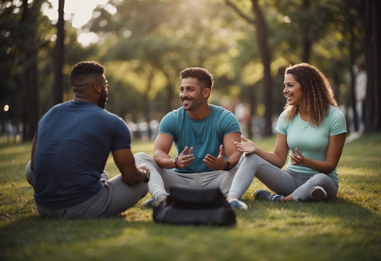 A group of people engaging in various activities, such as talking, exercising, and working, while maintaining a sense of connection and balance in their lives