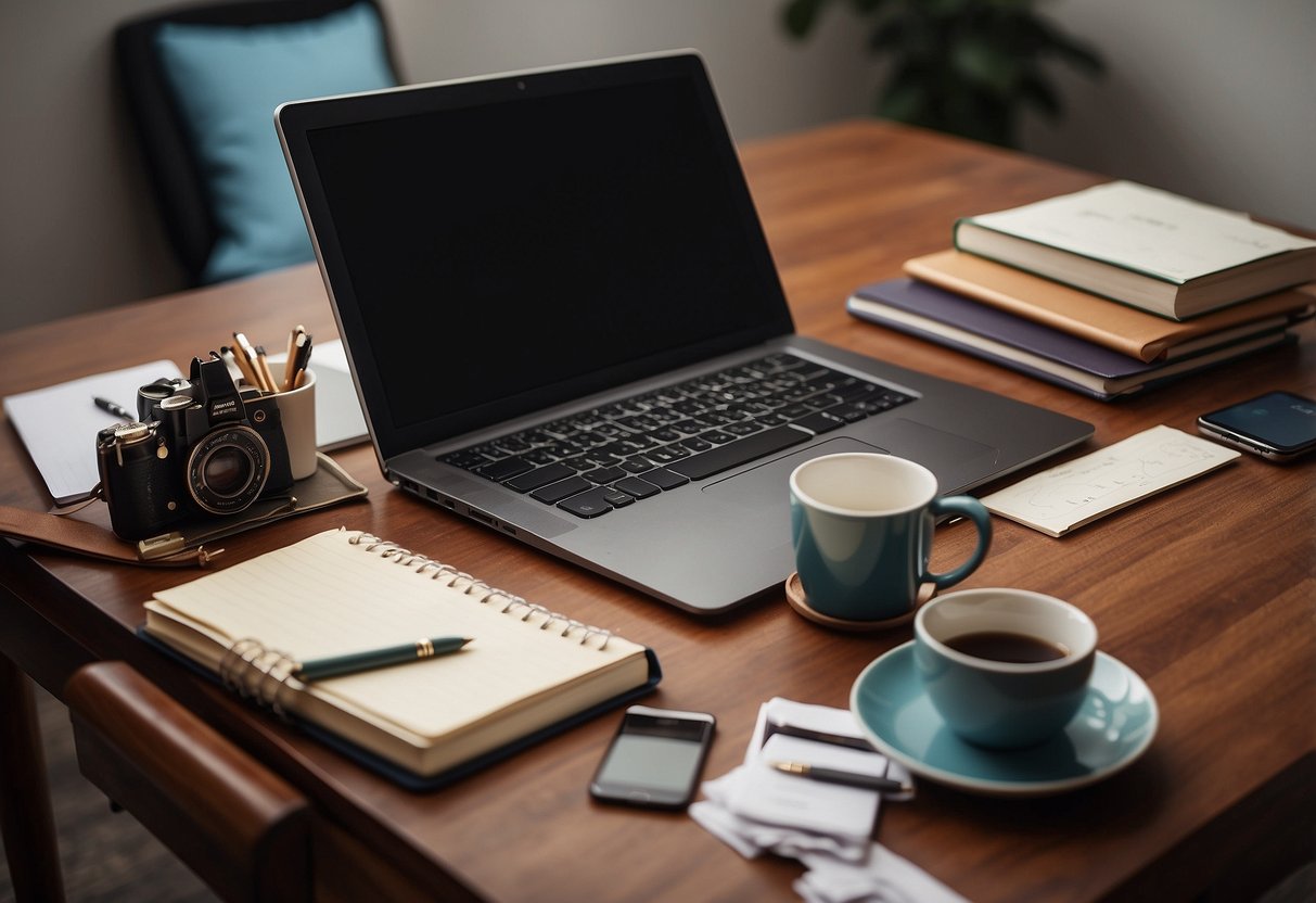 A desk with a laptop and a planner, surrounded by elements representing work and personal life (such as a briefcase and family photos), with a scale in the middle symbolizing balance