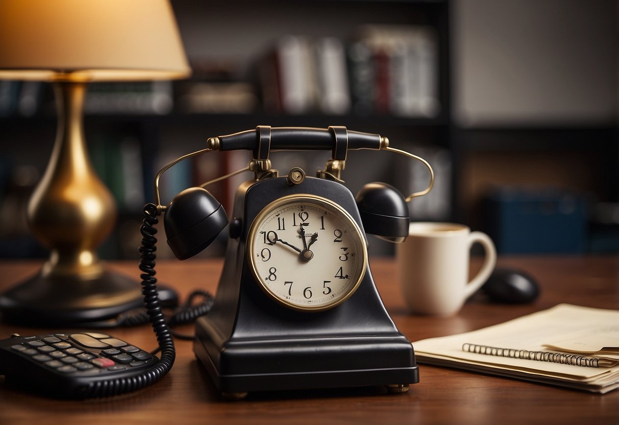 A desk cluttered with work and personal items, a ringing phone, a calendar with conflicting appointments, a stressed expression on a faceless figure, a clock showing a tight deadline, and a laptop displaying multiple urgent emails