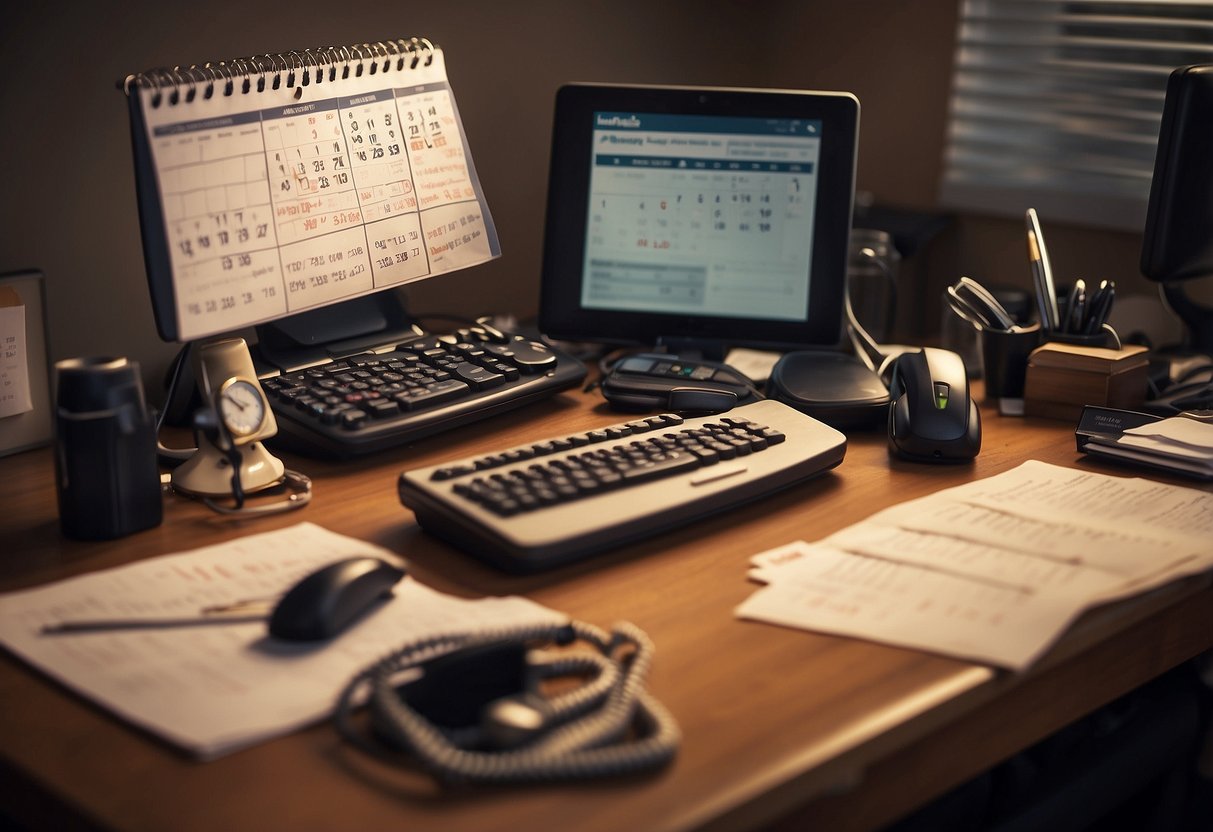 A cluttered desk with a calendar showing conflicting work and personal events, a phone buzzing with notifications, and a stressed expression on a faceless figure in the background