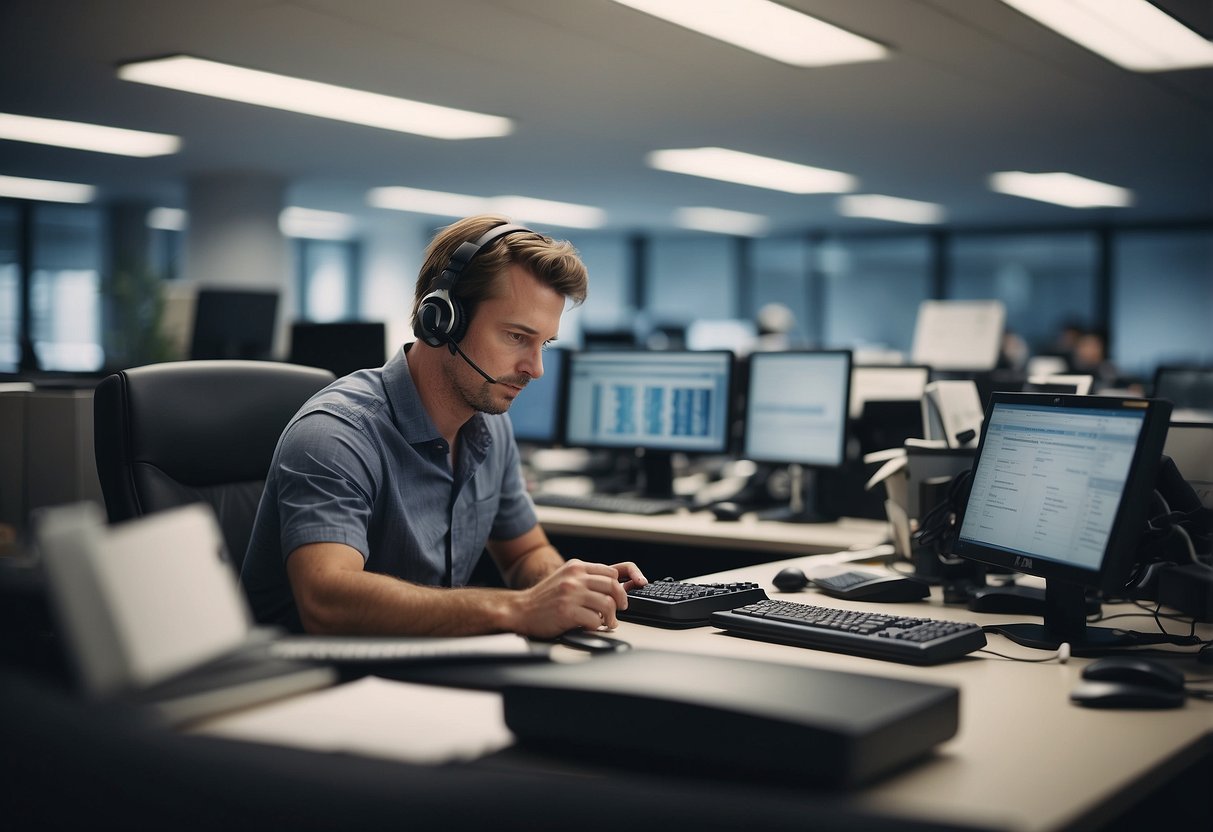 A serene office setting with a chaotic background. A person at their desk remains calm amidst ringing phones and urgent emails