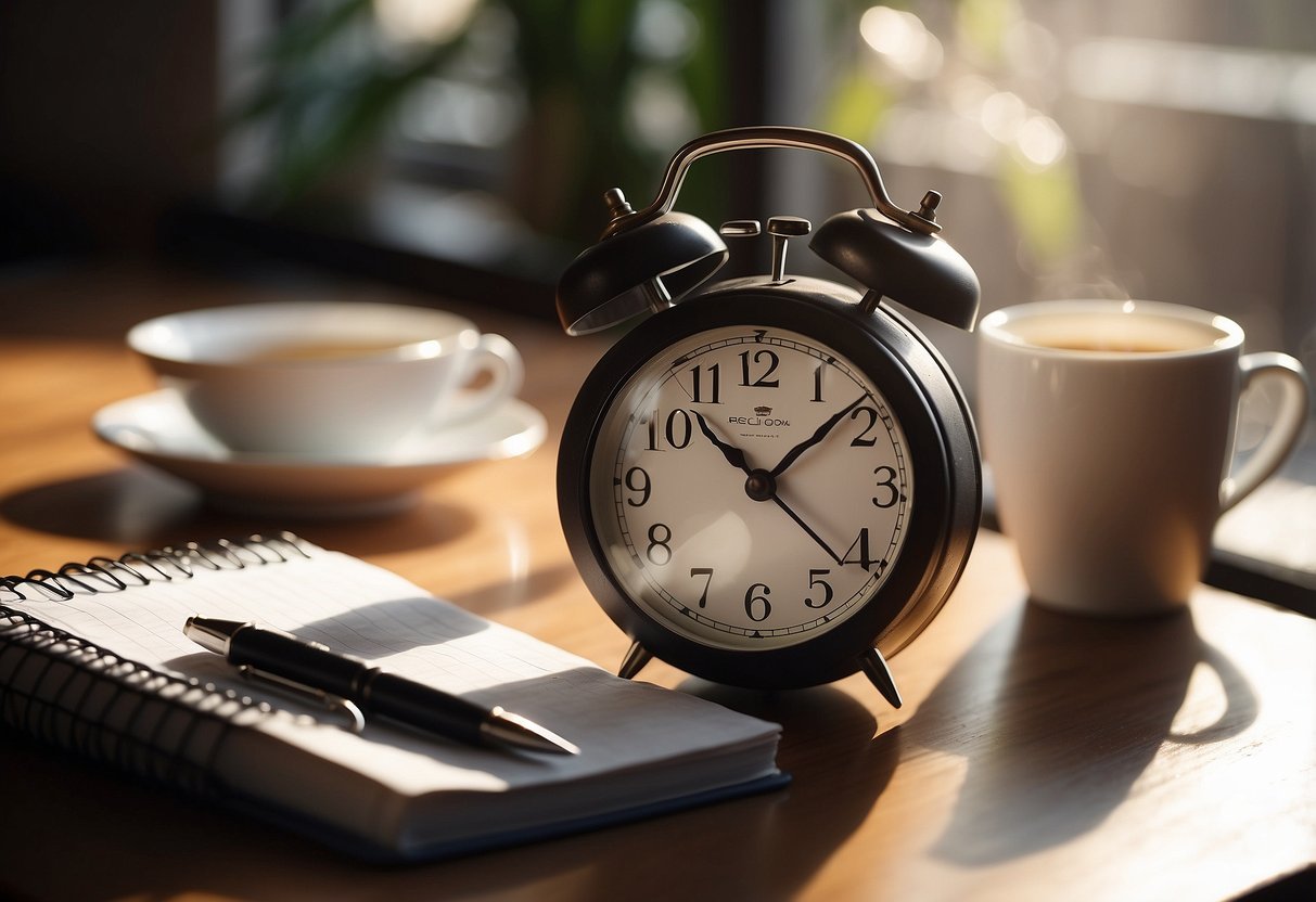 A cluttered desk with a clock showing 10:00 am, a cup of tea, and a notepad with "Take Regular Breaks" written on it. Sunlight streams through a window, creating a peaceful atmosphere