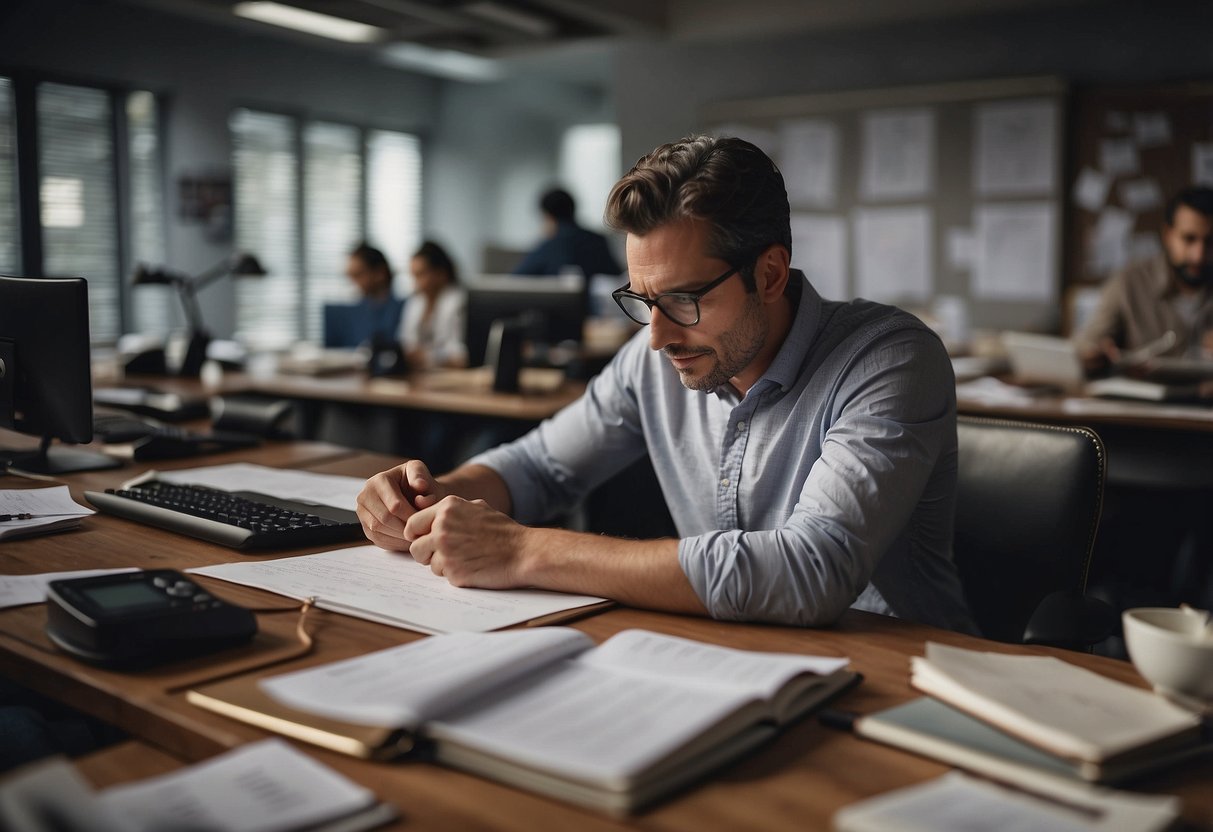 A person sits at a desk, surrounded by chaos. They use a planner, take deep breaths, and prioritize tasks. A clear boundary is established as they remain calm amidst the work-life crisis