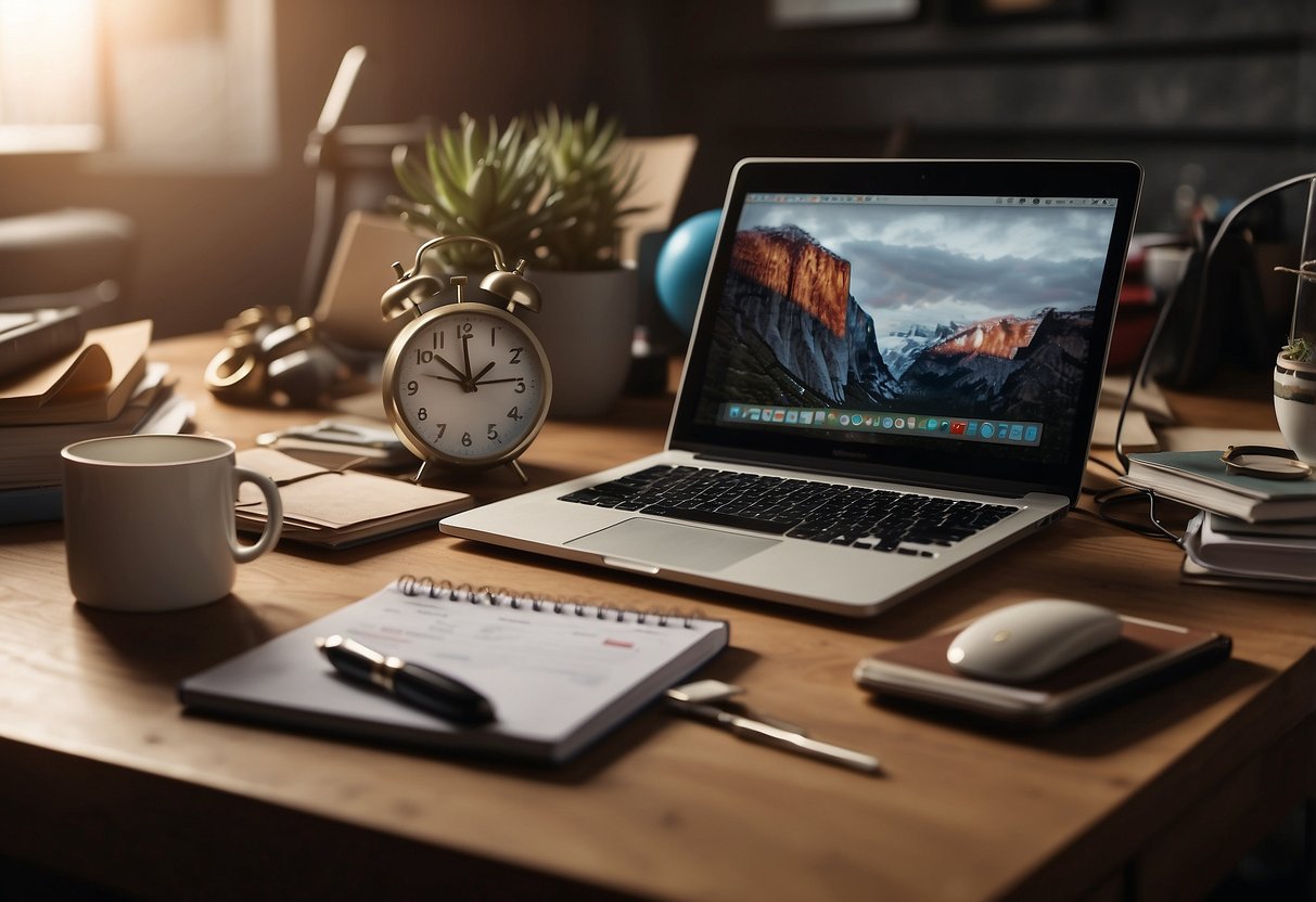 A cluttered desk with a laptop, notebook, and stress ball. A calendar with deadlines and family events. A clock ticking away. A person juggling work and personal responsibilities