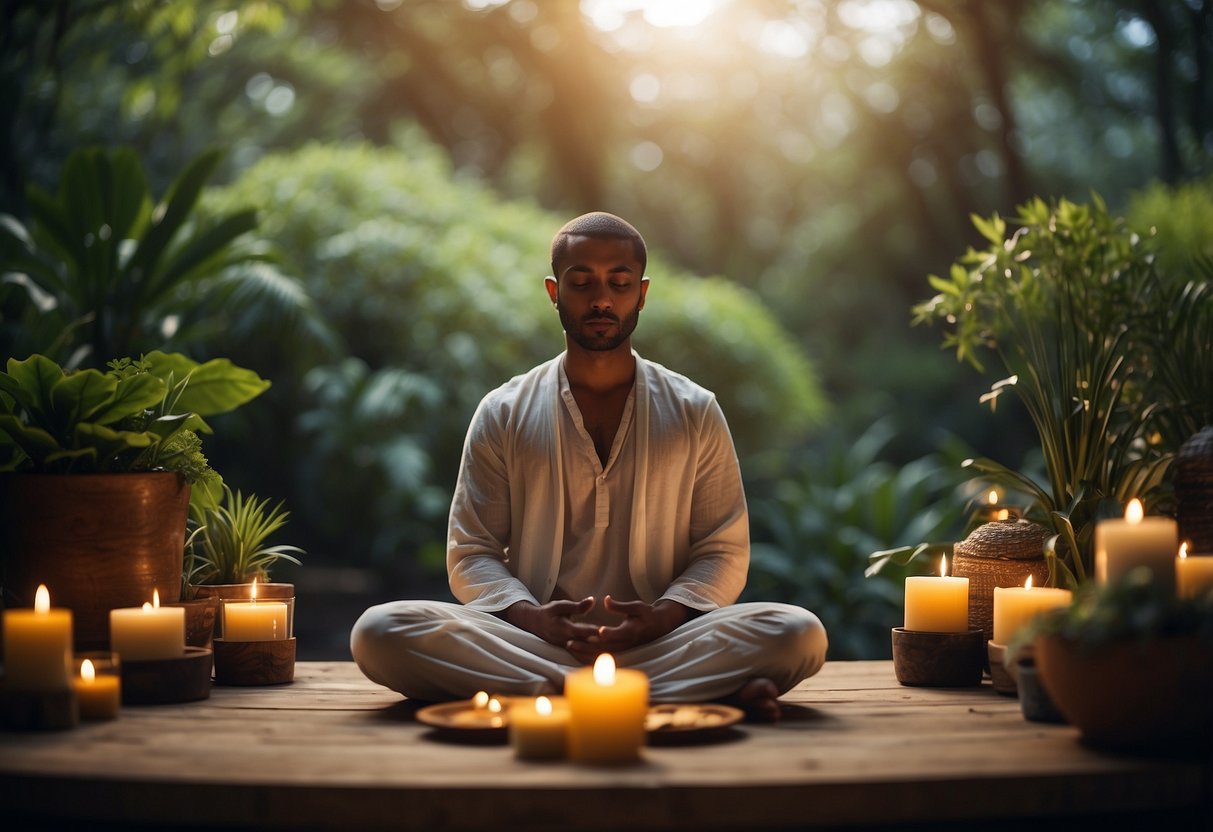 A serene setting with a person meditating, surrounded by calming elements like candles, plants, and a peaceful atmosphere