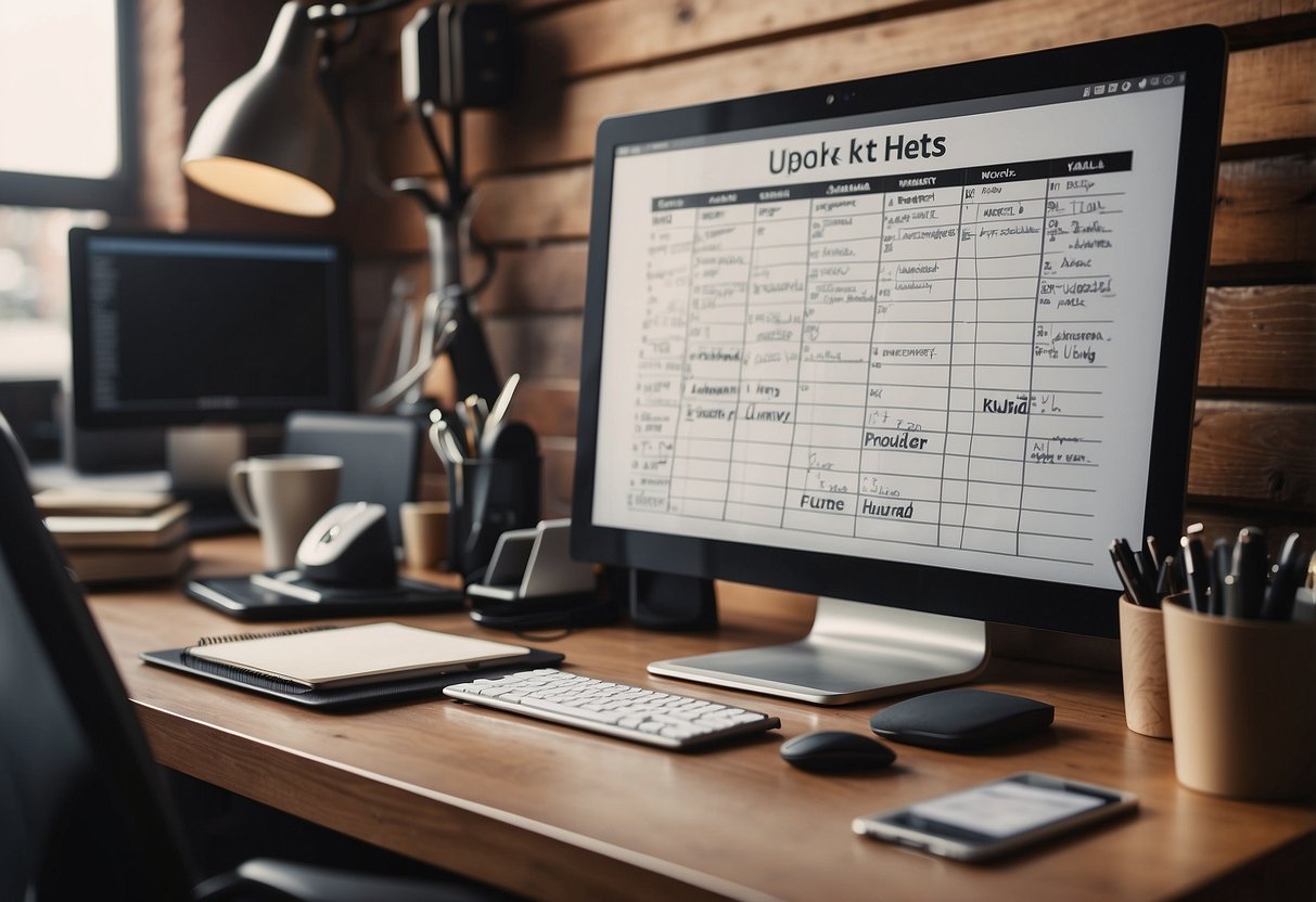 A desk with a neatly organized to-do list, surrounded by work-related items like a laptop, notebook, and pen. A calendar on the wall shows upcoming deadlines