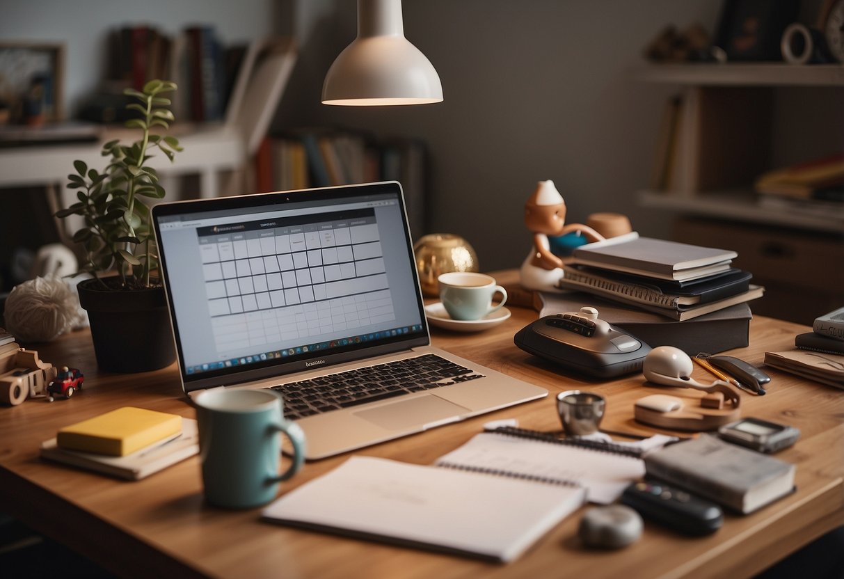 A cluttered desk with a laptop, calendar, and to-do list. A parent juggling work and childcare, surrounded by toys and household items. A serene outdoor scene with a parent practicing mindfulness or exercise