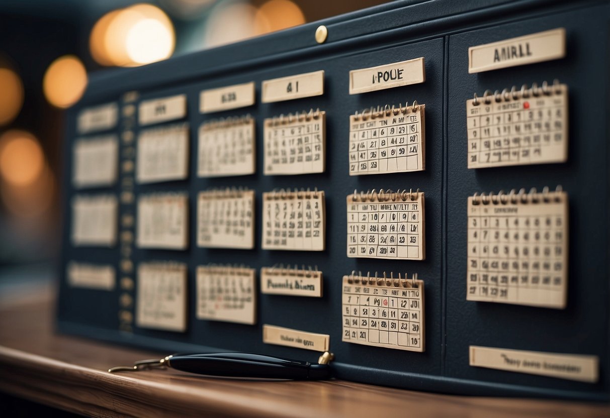 A calendar with labeled time slots, a list of coping techniques, a parent's work materials, and a sense of order and organization