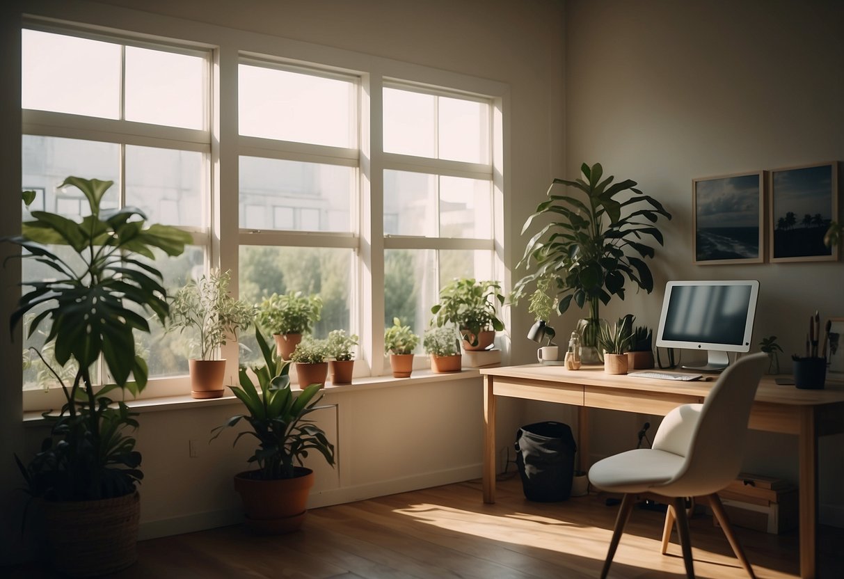 A serene, clutter-free workspace with soft lighting and a comfortable chair. A calming view of nature through a window, with a plant or soothing artwork nearby