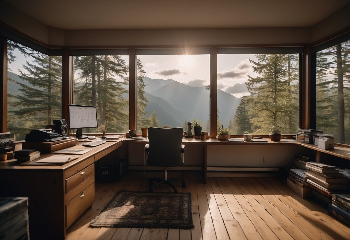 A cozy home office with a cluttered desk, a soothing cup of tea, a calendar with marked deadlines, a stack of parenting books, and a serene view of nature outside the window