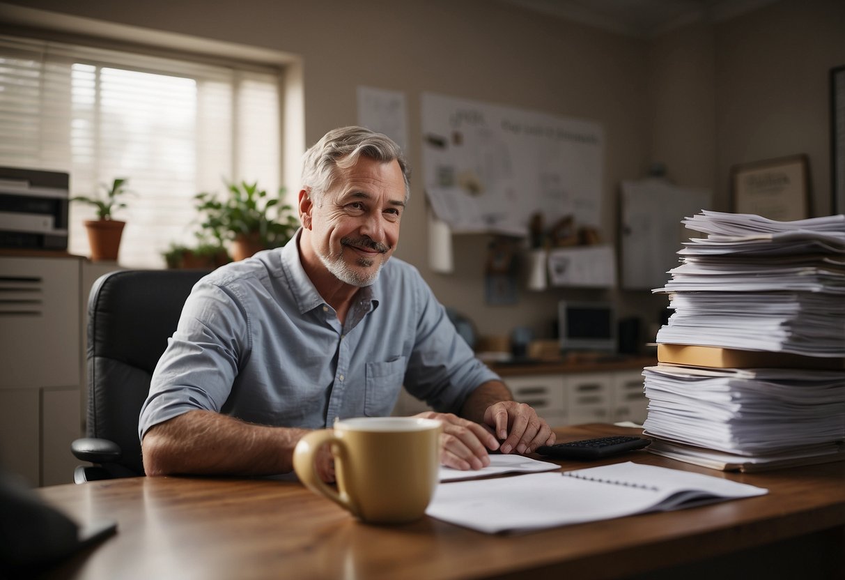 A parent sits at a desk, surrounded by papers and a laptop. They reach out for a phone, while a calendar and support network contacts are visible in the background