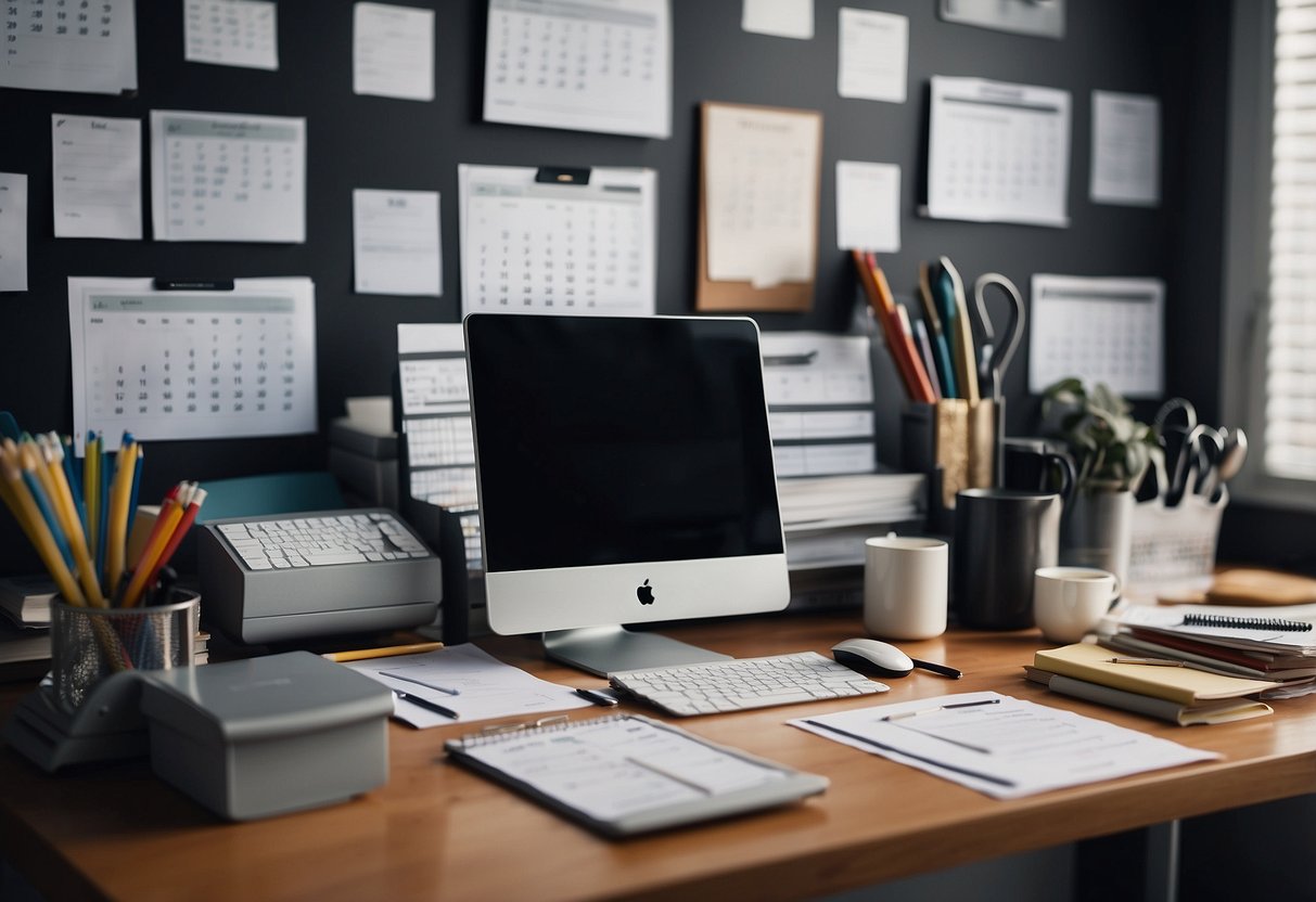 A desk cluttered with calendars, planners, and digital time management tools. A clock on the wall shows a busy schedule. A parent juggling work and family responsibilities