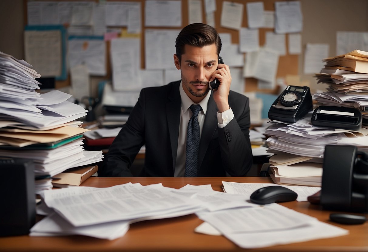 A cluttered desk with a pile of work papers, a ringing phone, a calendar with multiple events, and a stressed expression on a faceless figure in the background