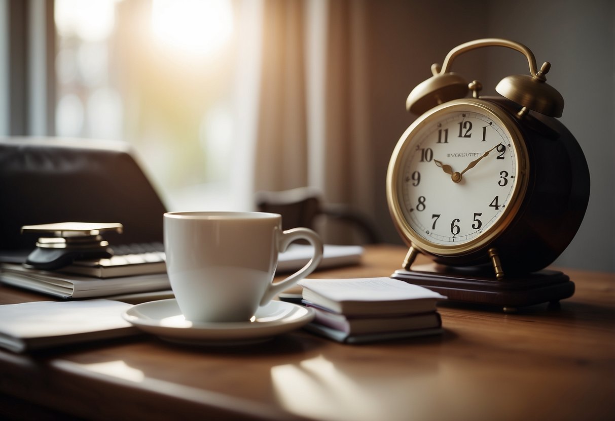 A cozy workspace with a desk cluttered with papers and a steaming cup of tea. A clock on the wall shows the time, while a window lets in soft natural light. A comfortable chair sits nearby, inviting a much-needed break