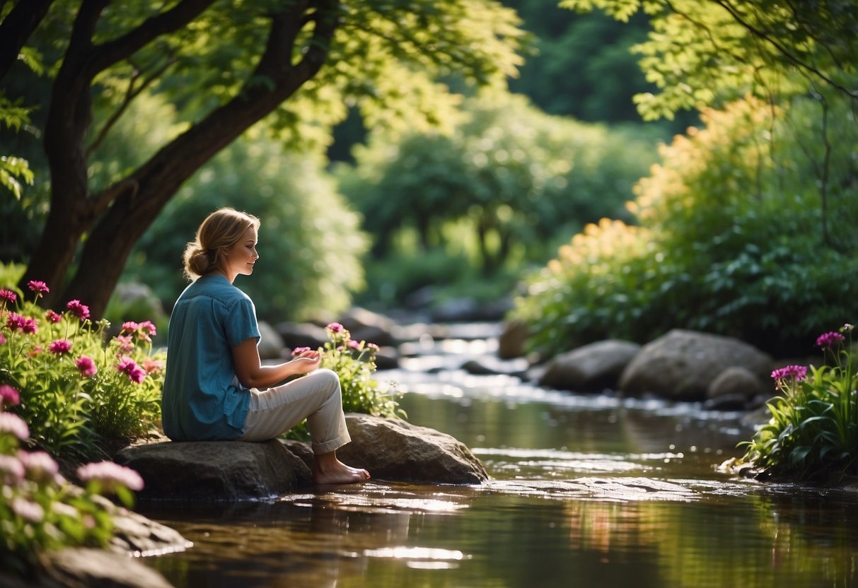 A serene garden with a flowing stream, surrounded by lush greenery and colorful flowers. A person sits peacefully, practicing mindfulness amidst the natural beauty