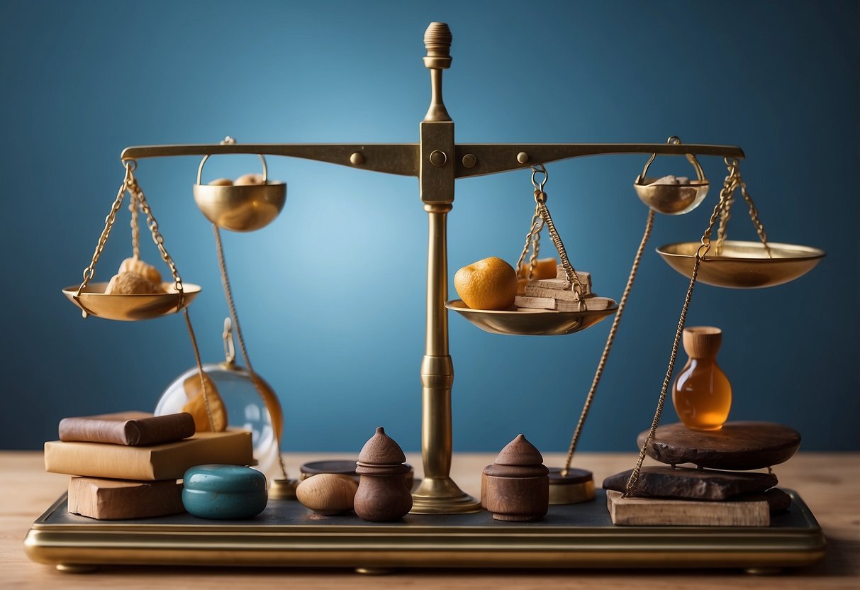 A scale with various objects on each side, some tipping the balance, while others maintain equilibrium. A busy background symbolizing chaos, with a calm, centered focal point representing balance