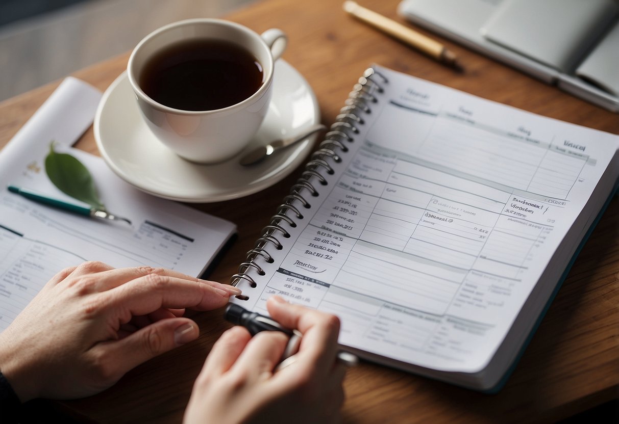 A person using a planner at a desk, surrounded by a calendar, to-do lists, and a cup of tea. A yoga mat and running shoes are nearby, emphasizing the importance of physical activity