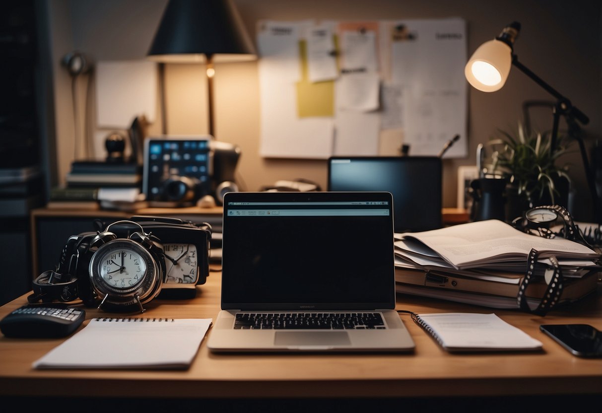 A cluttered desk with a laptop, phone, and scattered papers. A clock on the wall shows late hours. A yoga mat and running shoes sit untouched in the corner