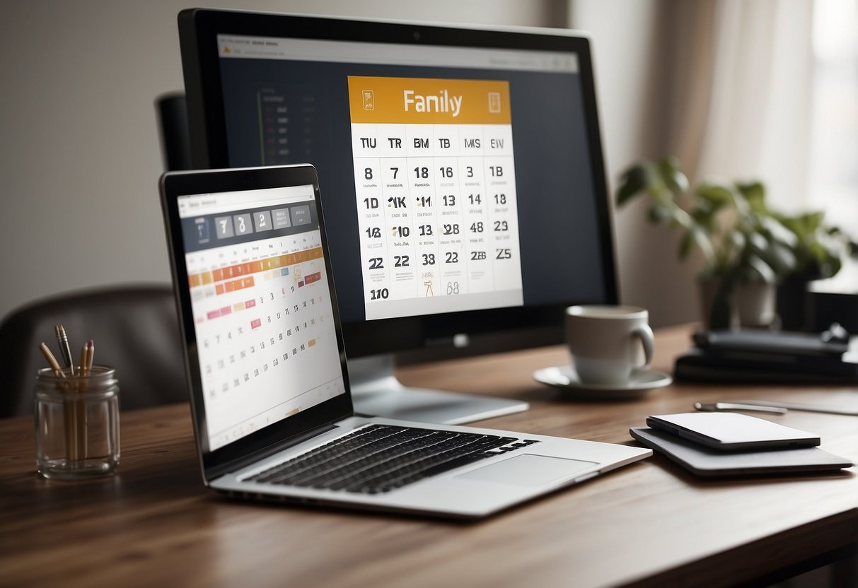 A desk with a laptop, calendar, and family photo. A clock shows 5pm. A clear divide separates work and personal space