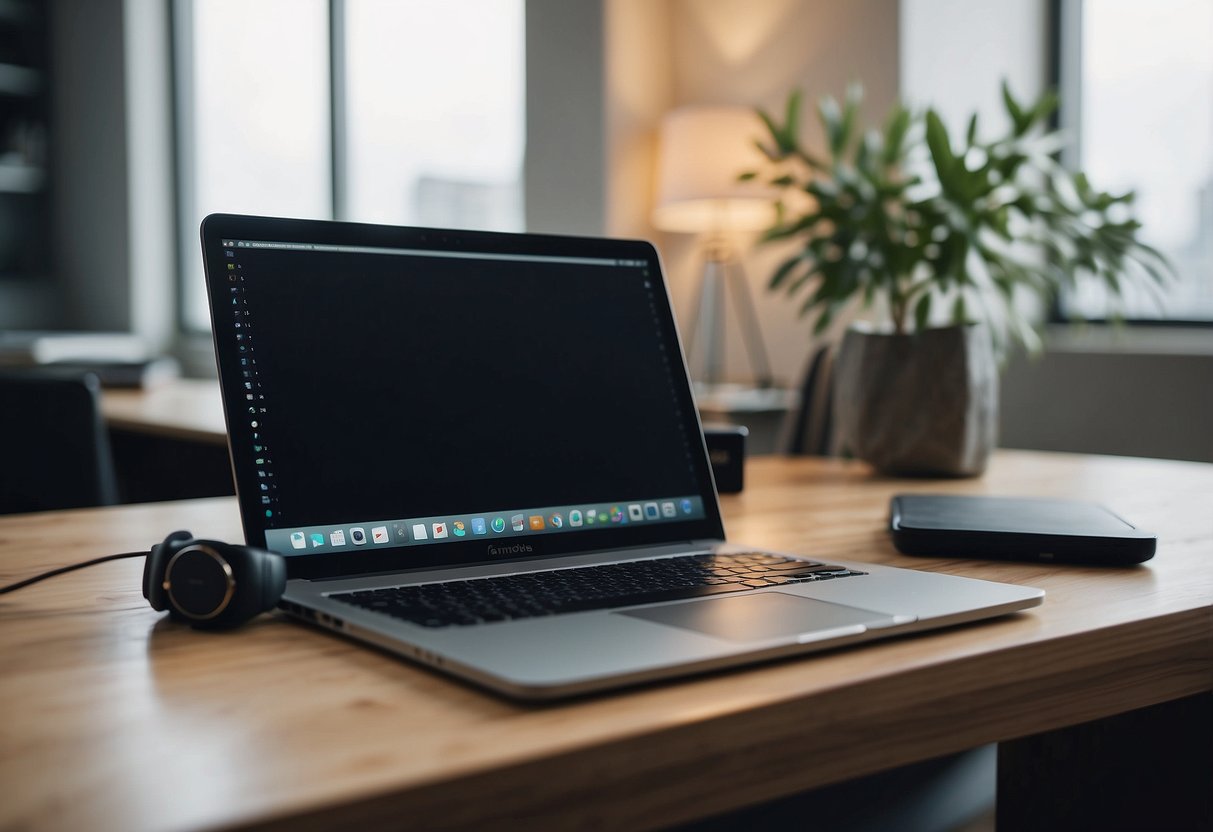 An office desk with a laptop and phone, surrounded by calm and organized surroundings. A calendar with flexible schedule, and a serene atmosphere