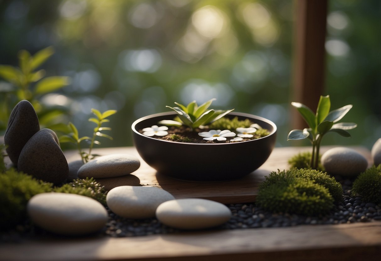 A serene scene with calming elements like a zen garden, soothing music, aromatherapy, and a cozy space for meditation and deep breathing exercises