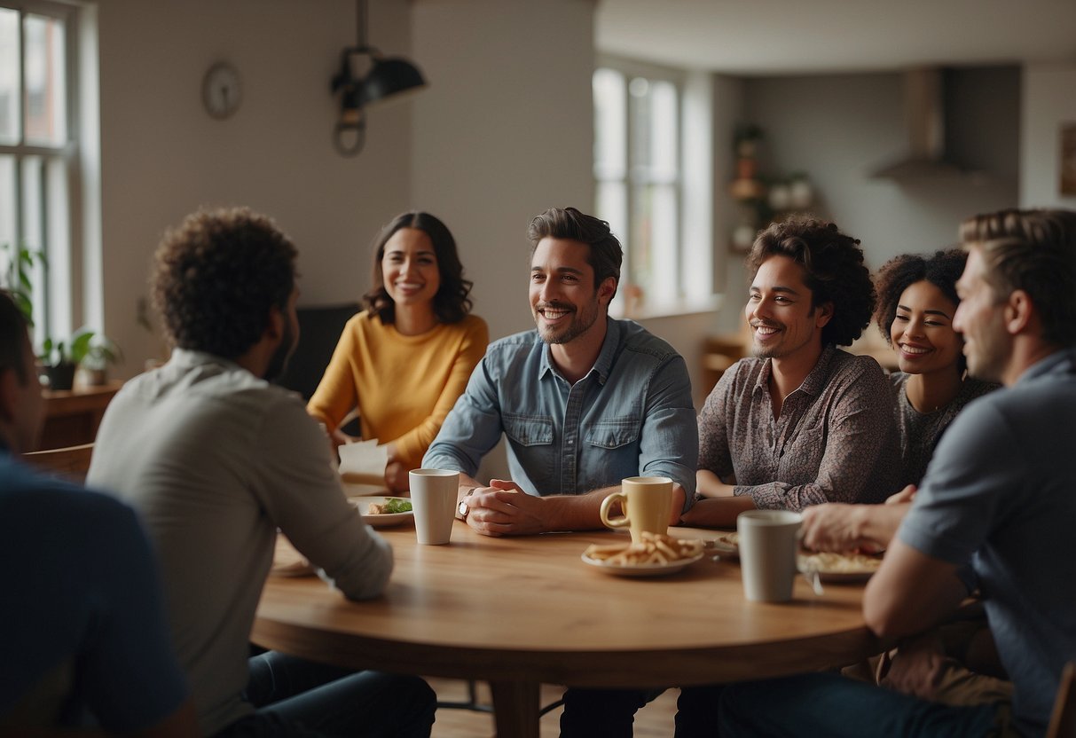 A person surrounded by supportive friends and family, receiving comfort and advice. A person juggling work and personal life with ease