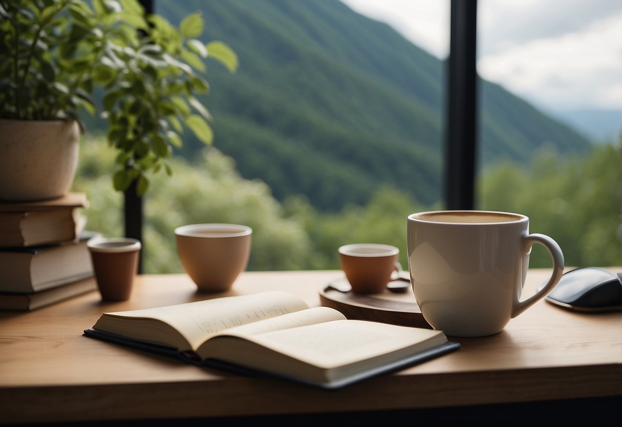 A serene office space with a desk, computer, and calming decor. A person's hand reaches for a mindfulness journal and a cup of tea, surrounded by nature-inspired artwork