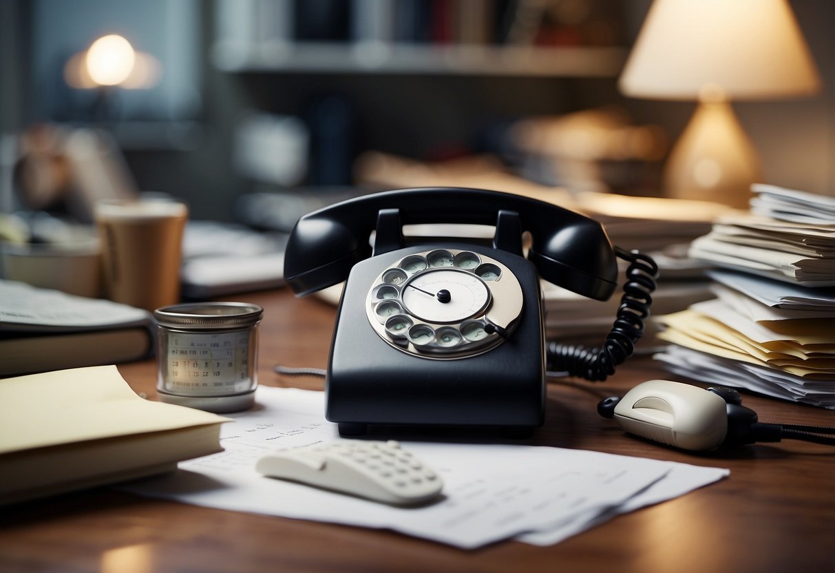 A desk cluttered with papers and a ringing phone. A calendar with conflicting appointments. A person juggling tasks with a calm demeanor