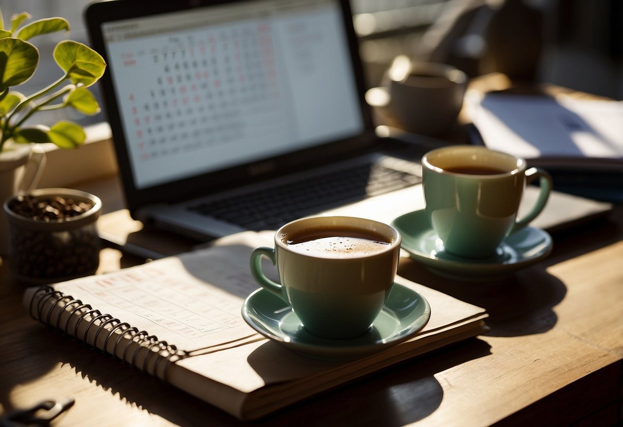 A cluttered desk with a calendar, to-do list, and laptop. Sunlight streams through a window, casting a warm glow on the organized chaos. A cup of coffee sits nearby, ready to fuel a productive day