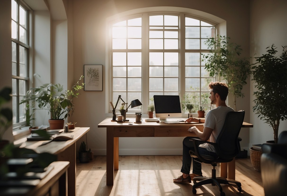 A serene workspace with a clutter-free desk, a soothing color palette, and natural light pouring in through a window. A person is seen taking a deep breath and practicing mindfulness